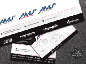 Projekt logotypów AMJ Performance, wizytówek i papieru firmowego.
